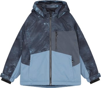 Jungen-Winterjacke mit Kapuze und dunkelblauem Muster.