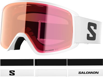 Salomon Skibrille mit weißem Rahmen und rosa Glas. Salomon Skibrille mit weißem Rahmen und rosa Glas.