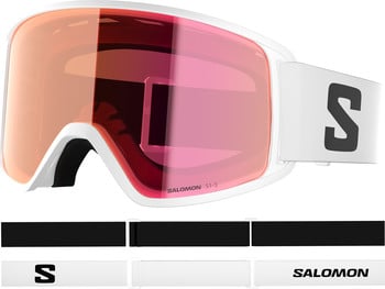 Salomon Skibrille mit weißem Rahmen und rosa Glas.