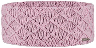Rosa Strickstirnband mit Rautenmuster und dezentem Logo. Rosa Strickstirnband mit Rautenmuster und dezentem Logo.