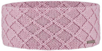 Rosa Strickstirnband mit Rautenmuster und dezentem Logo.