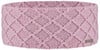 Rosa Strickstirnband mit Rautenmuster und dezentem Logo.