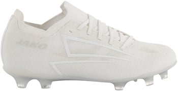 Weiße JAKO Fußballschuhe mit modernem Design und markanten Elementen.