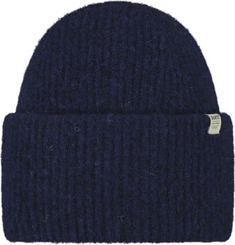 Eine dunkelblaue Strickmütze mit einem dezenten Barts-Logo.