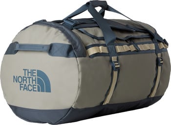 Graue und dunkelblaue Sporttasche von The North Face mit Logo.