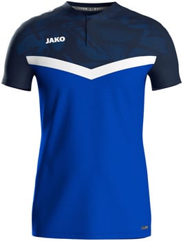 Ein blaues Sport-T-Shirt mit einem weißen Streifen und einem dunkelblauen Muster oben.