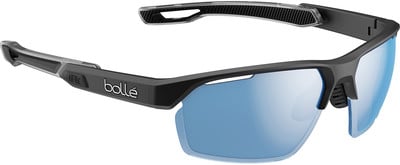 Schwarze Sportbrille von Bollé mit blauen verspiegelten Gläsern und Logo.