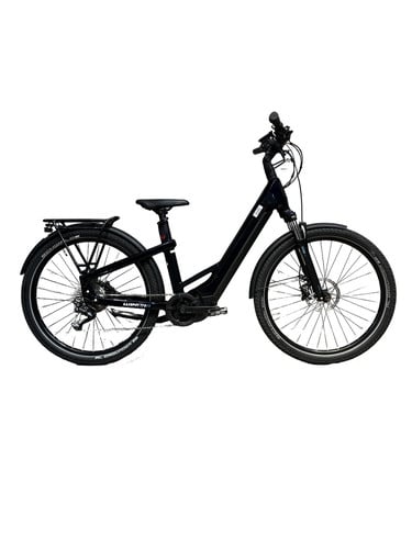Schwarzes E-Bike mit Schutzblechen, Gepäckträger und Federung.