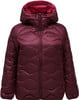 Eine burgunderrote Daunenjacke mit Kapuze und Wellensteppung.