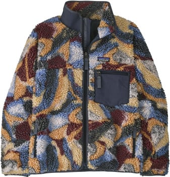 Eine bunte Patagonia Fleecejacke mit geometrischem Muster und dunkelblauen Details.