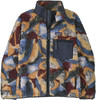 Eine bunte Patagonia Fleecejacke mit geometrischem Muster und dunkelblauen Details.