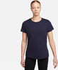 Dunkelblaues T-Shirt für Damen mit kurzen Ärmeln und Rundhalsausschnitt.
