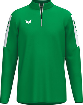 Grüner Pullover mit weißem Logo und weißen Streifen an den Ärmeln.