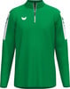 Grüner Pullover mit weißem Logo und weißen Streifen an den Ärmeln.