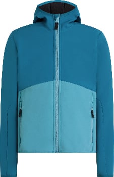 Blaue Herrenjacke mit Kapuze und zwei Reißverschlüssen vorne.