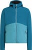 Blaue Herrenjacke mit Kapuze und zwei Reißverschlüssen vorne.