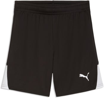 Schwarze Puma Shorts mit weißem Logo und atmungsaktiven Seitenpaneelen.