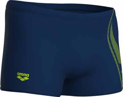 Marineblaue Badehose mit Arena-Logo und gelbem Design an der Seite. Marineblaue Badehose mit Arena-Logo und gelbem Design an der Seite.