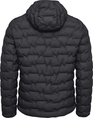 Rückansicht einer schwarzen Daunenjacke mit Kapuze und gestepptem Muster. Rückansicht einer schwarzen Daunenjacke mit Kapuze und gestepptem Muster.