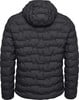 Rückansicht einer schwarzen Daunenjacke mit Kapuze und gestepptem Muster.
