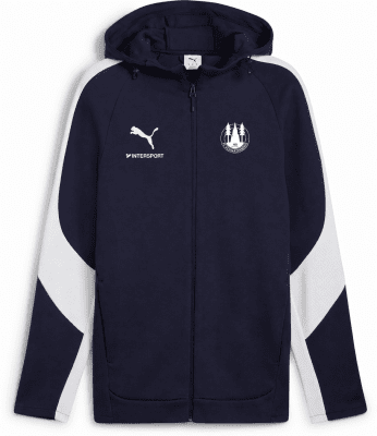 Dunkelblaue Herrenjacke von Puma mit weißen Ärmelstreifen und Logo.