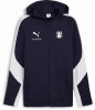 Dunkelblaue Herrenjacke von Puma mit weißen Ärmelstreifen und Logo.