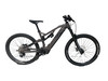 Graues Fullsuspension-Elektrofahrrad mit schwarzen Rädern und Federung.