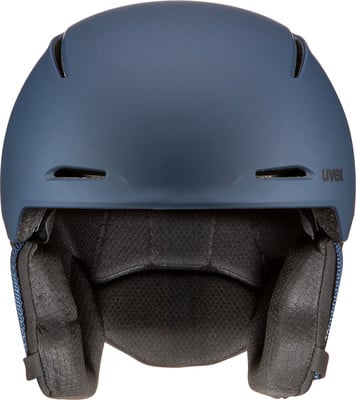 Ein blauer Uvex Skihelm mit Polsterung und Lüftungsschlitzen. Ein blauer Uvex Skihelm mit Polsterung und Lüftungsschlitzen.