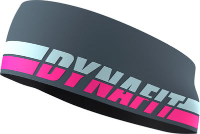 Graues Dynafit Stirnband mit rosa und weißem Streifen und Logo. Graues Dynafit Stirnband mit rosa und weißem Streifen und Logo.