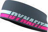 Graues Dynafit Stirnband mit rosa und weißem Streifen und Logo.