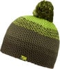 Gestrickte Mütze mit Bommel in Braun und Grün mit Logo.