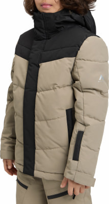 Kinder-Daunenjacke in Beige mit schwarzen Akzenten und Kapuze. Kinder-Daunenjacke in Beige mit schwarzen Akzenten und Kapuze.