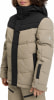 Kinder-Daunenjacke in Beige mit schwarzen Akzenten und Kapuze.