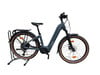 Graues E-Bike mit braunen Reifen und Gepäckträger.