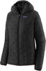 Schwarze Steppjacke mit Kapuze und Patagonia-Logo auf der Brust.