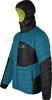 Blau-schwarze Daunenjacke mit Kapuze.