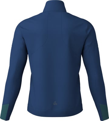Rückansicht einer dunkelblauen Jacke mit dunkelgrünen Ärmeldetails. Rückansicht einer dunkelblauen Jacke mit dunkelgrünen Ärmeldetails.
