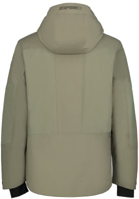 Rückansicht einer khakifarbenen Winterjacke mit Icepeak-Logo auf der Kapuze.
