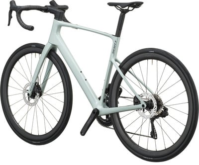 Modernes hellgrünes Scott Rennrad mit Scheibenbremsen. Modernes hellgrünes Scott Rennrad mit Scheibenbremsen.