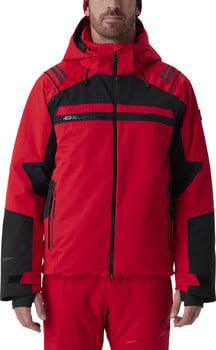 Rote Skijacke mit schwarzen Details und Kapuze.