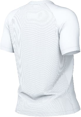 Rückansicht eines weißen Kurzarm-T-Shirts mit Mesh-Einsatz.