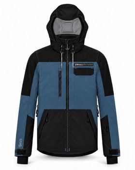 Blaue Herren-Winterjacke mit schwarzen Elementen und Kapuze.