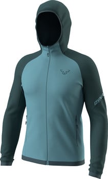 Blaue Herrenjacke mit Kapuze und Dynafit-Logo auf Brust und Ärmel.