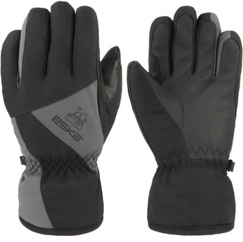 Ein Paar schwarzer und grauer Handschuhe mit ESKA-Logo auf dem linken Handschuh.