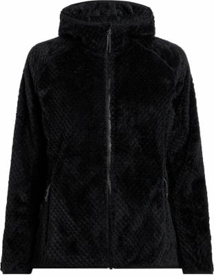 Čierna huňatá bunda so zapínaním na zips a vysokým golierom. Čierna huňatá bunda so zapínaním na zips a vysokým golierom.