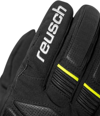 Schwarze Reusch Skihandschuhe mit weißem Logo und gelben Details. Schwarze Reusch Skihandschuhe mit weißem Logo und gelben Details.