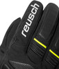 Schwarze Reusch Skihandschuhe mit weißem Logo und gelben Details.