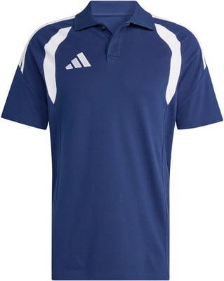 Ein blaues Adidas Poloshirt mit weißen Streifen an den Schultern und Logo. Ein blaues Adidas Poloshirt mit weißen Streifen an den Schultern und Logo.