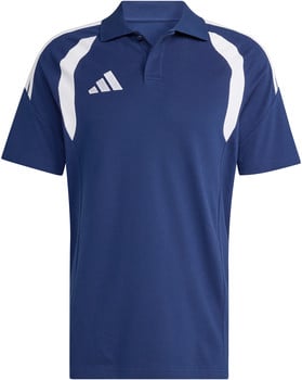 Ein blaues Adidas Poloshirt mit weißen Streifen an den Schultern und Logo.