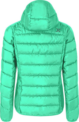 Grüne Daunenjacke mit Kapuze, Rückansicht mit Logo auf dem Rücken.